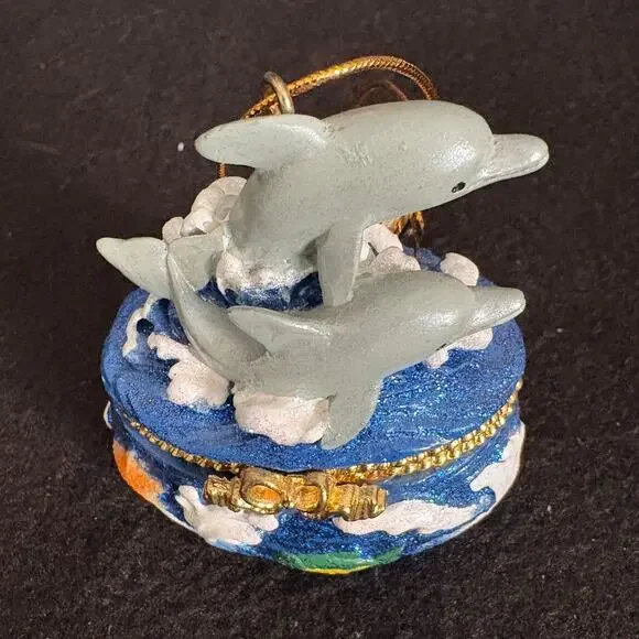 Double Dolphin Blue & Gold Resin Hinged Trinket Box