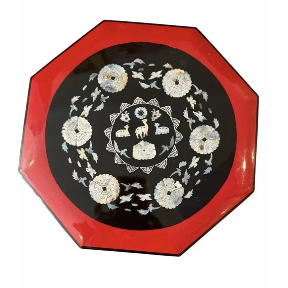 Vintage Korean Red Lacquer Mother-of-Pearl Inlay Deer Birds Octagon Storage Box