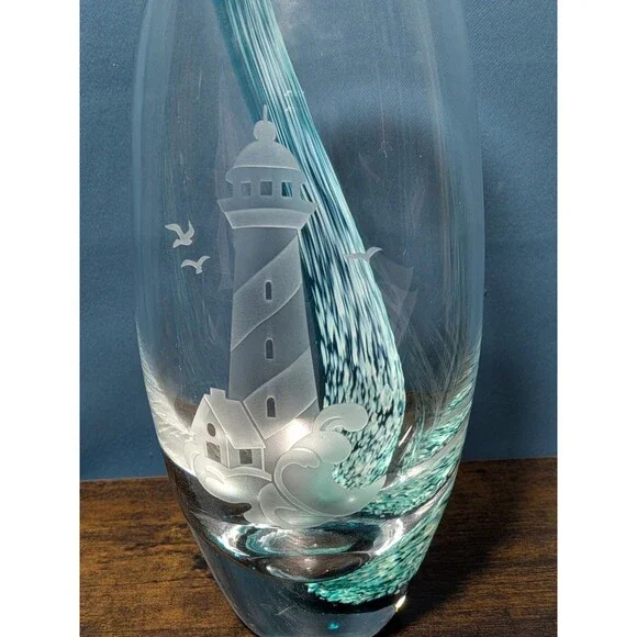 Lenox Barrel Etched Teal Vase Swirl Wave Lighthouse Crystal/Cut Glass 8