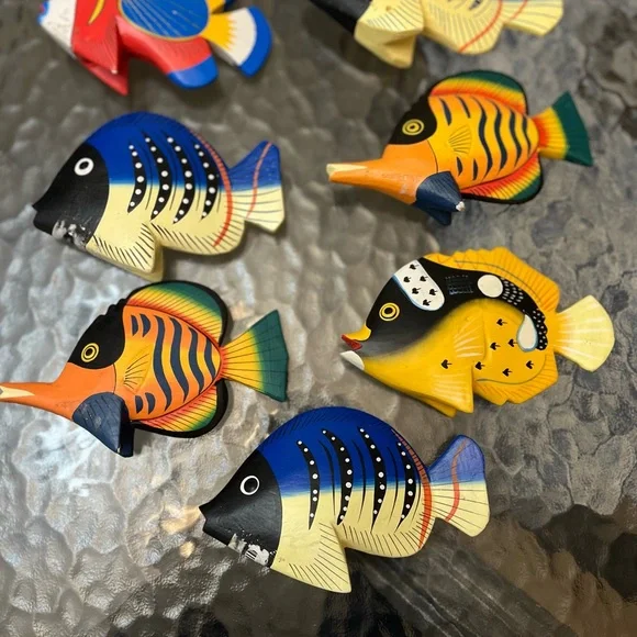 A Lot Of 7 Pier One wooden Hand Painted Colorful Fish Decorations