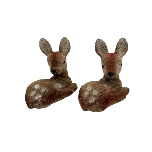 Lot 2 Vintage Deer Fawn Velvet‎ Flocked Figurines Figures Hong Kong
