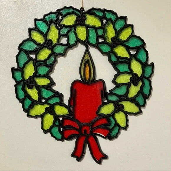 Vintage Plastic Stained Glass Style Holly Candle Wreath Suncatcher Hong Kong