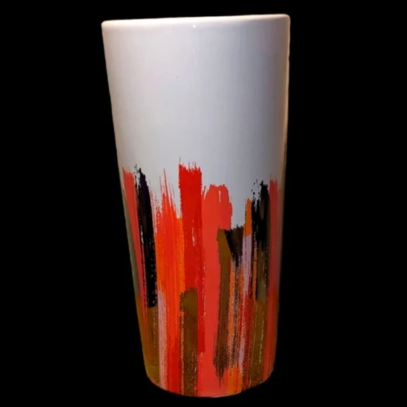 Burton & Burton Ceramic White Red Gold Orange Salmon Pink Tall Brush Stroke Vase