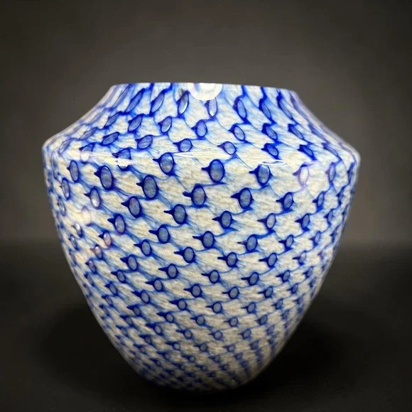 Positano Italy Blue White Art Glass Vase 9 Inch Tapered Honeycomb Pattern Vessel