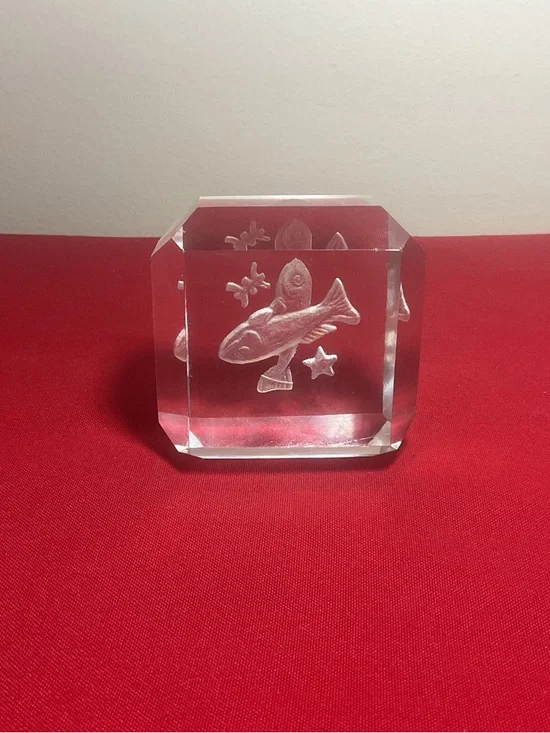 Etched Glass Block with Fish Design Paperweight Block – Minor Wear