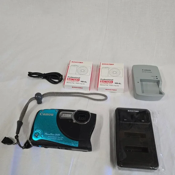 Canon PowerShot D20 Waterproof Digital Camera Blue 12.1MP GPS Bundle 2 Batteries