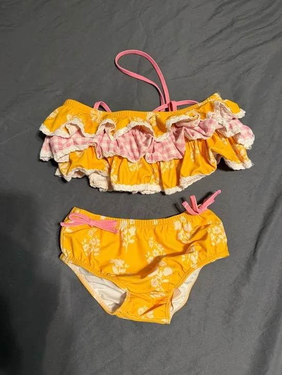SweetHoney Yellow Floral Ruffle Bikini with Pink Straps