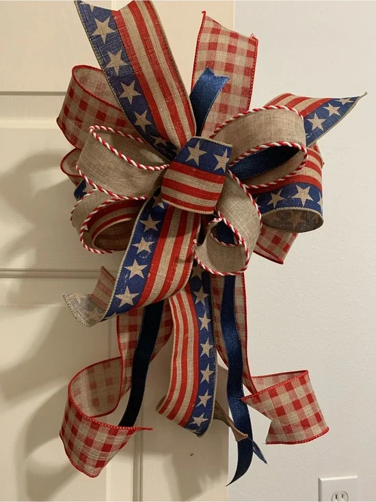 Handmade Wreath Bow Patriotic July 4th Gingham Country Red, Blue Stars Decor