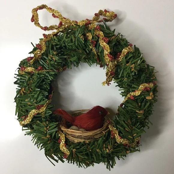 Mini Bird & Nest Christmas Wreath with Eggs and Gold Red Bow