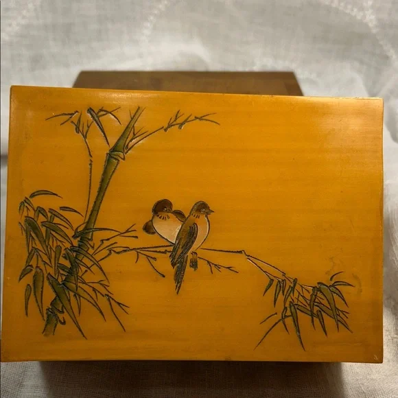 Vintage Jewelry wooden box with bamboo and birds hand painted
