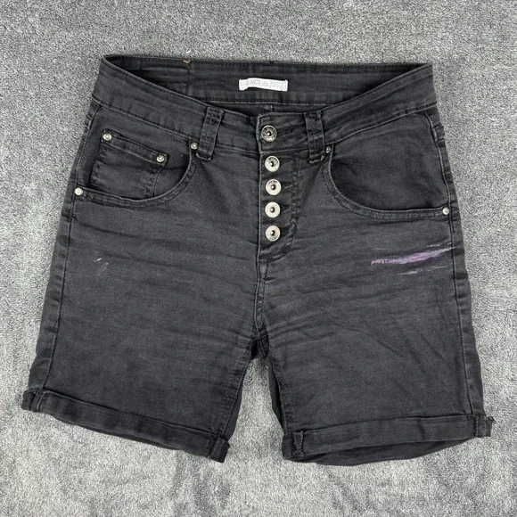 Place du Jour Black Denim Cuffed Shorts Button Fly Star Detail Size 36 Mens