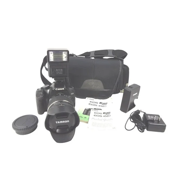 Canon EOS Rebel XSi DSLR Camera Tamron 28-80mm Lens Sunpak Flash Bag Bundle 450D