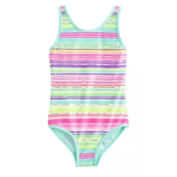 Girls One Piece Swimsuit Shiny Stripes Back Cross-Straps‎