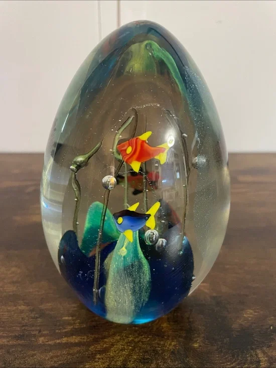 Handcrafted Glass Aquarium Egg Ornament with Blue, Yellow & Red Fish