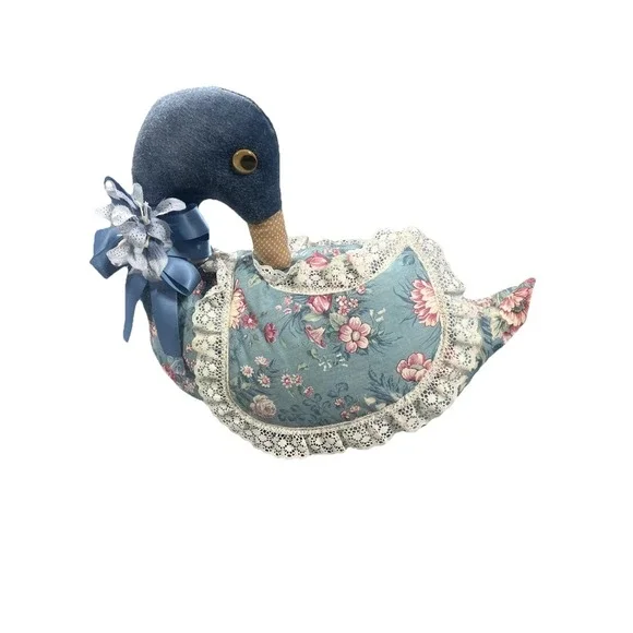 Vintage Country‎ Goose Figurine Farmhouse Decor Stuffed Cottage Blue Floral Lace