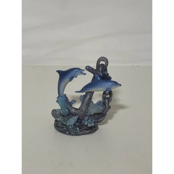 Blue Dolphins Figure Swimming Around Coral Statue Sea Life Figurine Decor