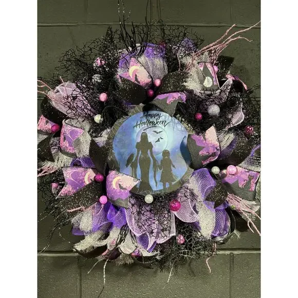 Witchy Halloween Wreath – Purple & Black Deco Mesh Door Decor – Handmade 24 inch