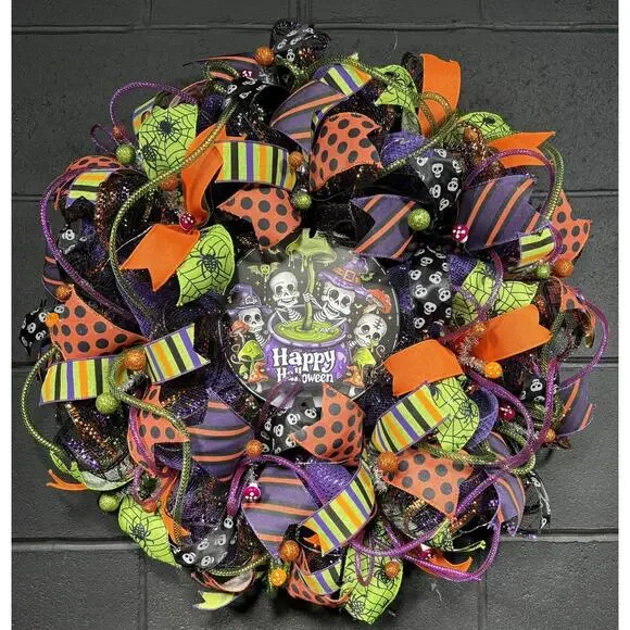 Handmade Halloween Skeleton Wreath – Bright Deco Mesh Door Decor