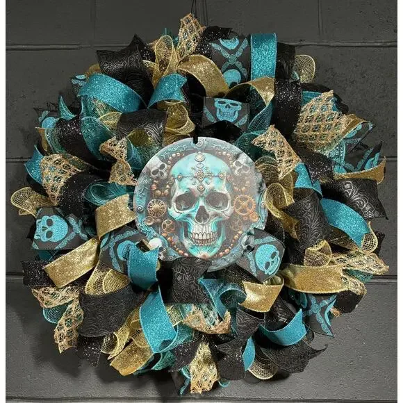 Handmade Halloween Wreath Teal Blue & Gold Steampunk Skull 24 Inch Deco Mesh