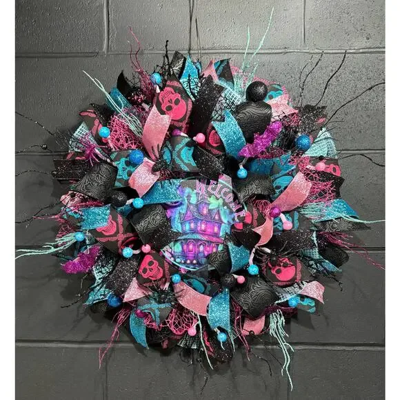 Halloween Wreath for Front Door Black and Pink Haunted House 30 inch