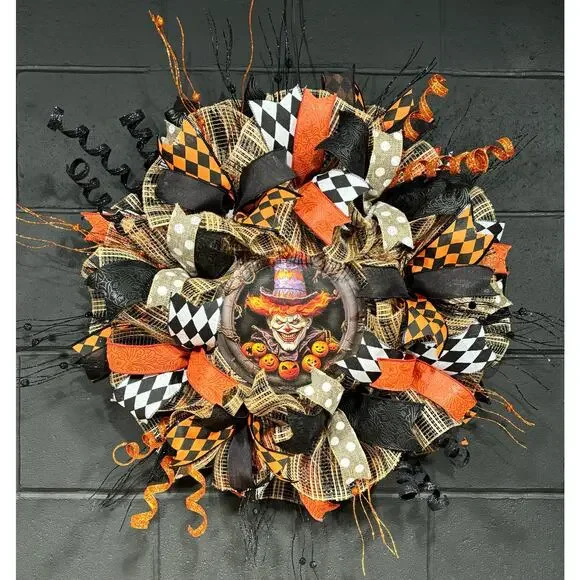 Halloween Wreath For Front Door Scary Clown Orange and Black Handmade 28 in