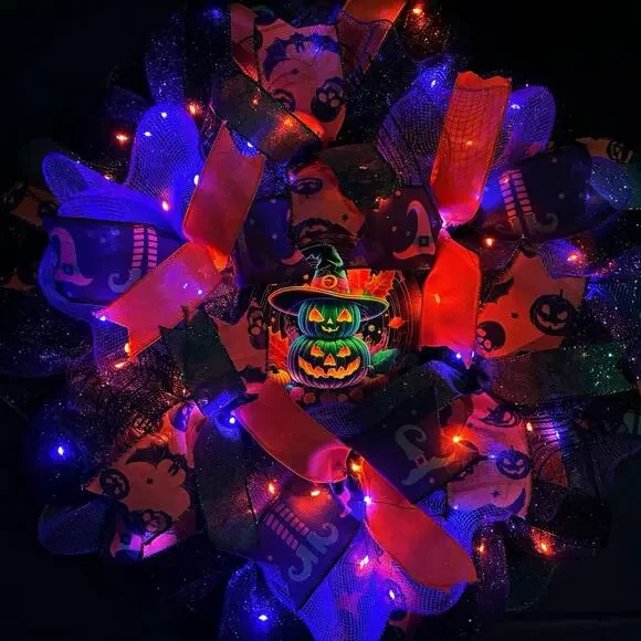 Pre Lit Halloween Wreath Glowing Pumpkin Light Up 24 Inch Handmade Deco Mesh