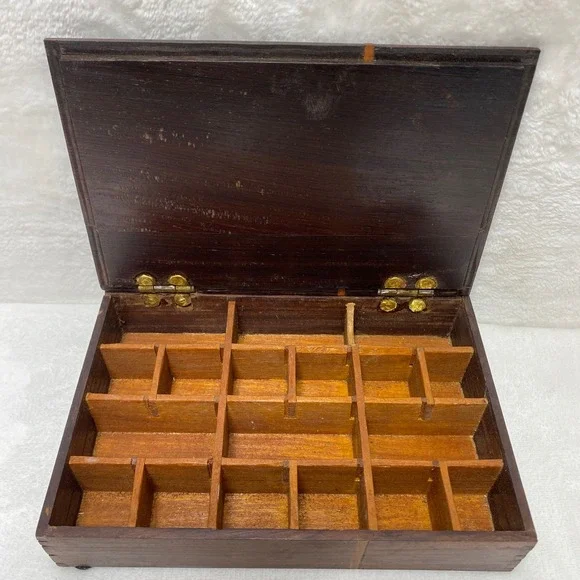 VTG Wooden‎ Compartment Trinket Box Jewelry Organizer Hinged Lid Decorative
