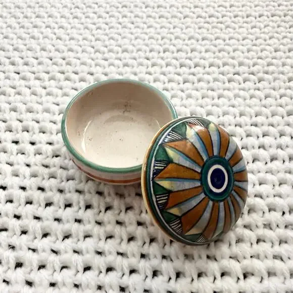 Deruta Signed Miniature Ceramic Sunburst Starburst Lidded Trinket Round Box