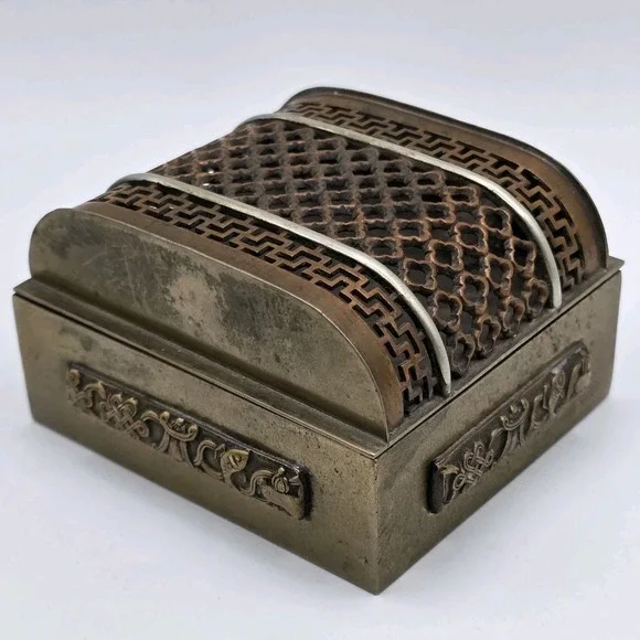 Antique Chinese Brass Jewelry Trinket Box Hinged Vtg Unique