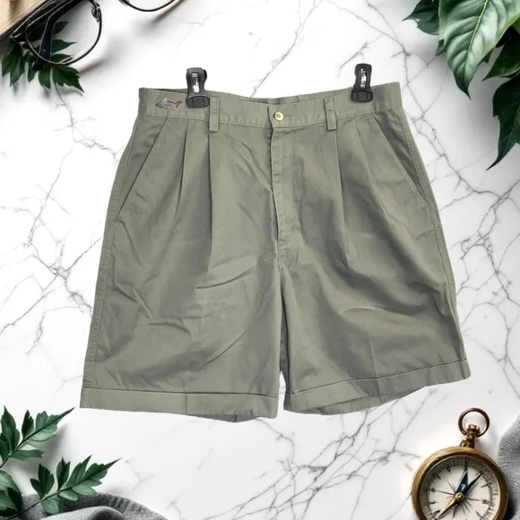 Greg Norman Khaki Cuffed Shorts w Stitched Fish on Front Waist Men Size 34