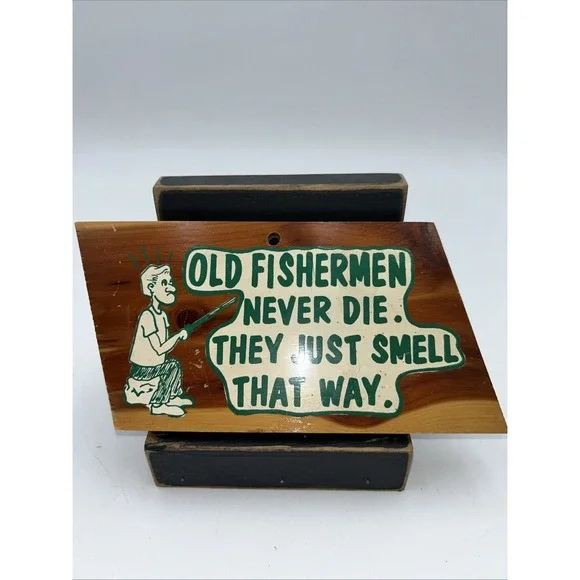 Vintage Roadside Americana Souvenir Shop Cedar Wood Sign Humor Fisherman 7