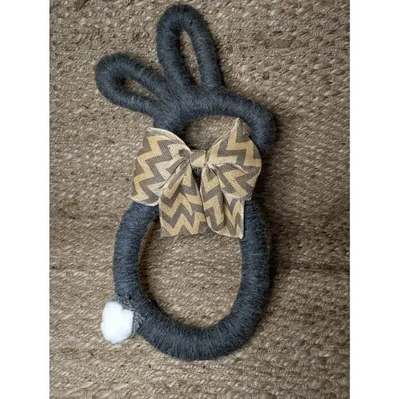 Easter Bunny Shaped Holiday Gray Wreath Brown Ribbon Bow Door Decor 26