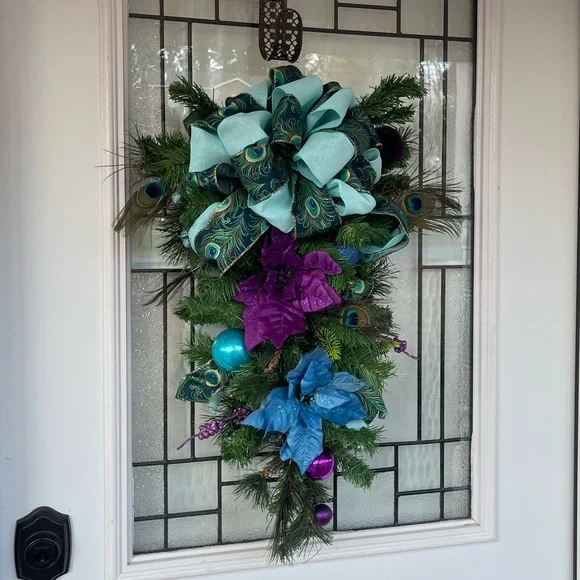 **Peacock Theme Christmas Teardrop Swag for Front Door