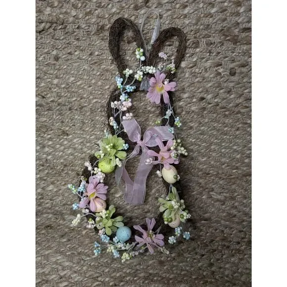 Easter Bunny Shaped Holiday Wreath with Eggs & Satin Ribbon Bow Door Decor 19