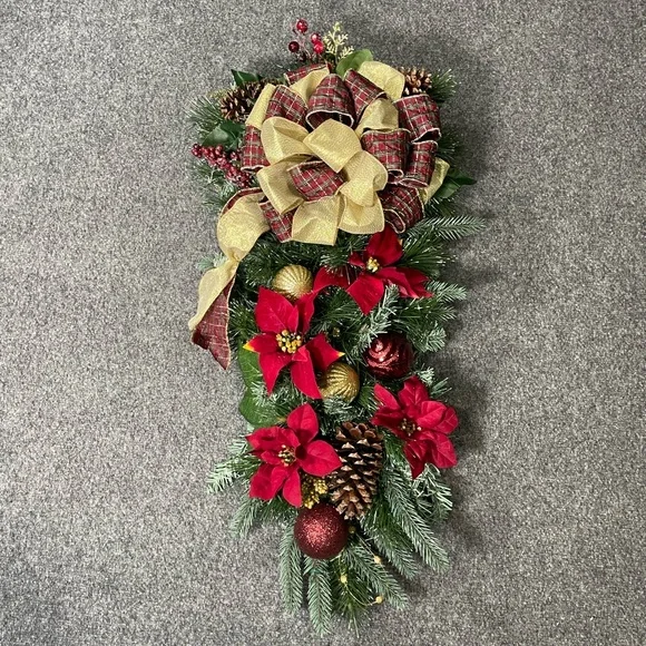 **Burgundy Poinsettia Christmas Teardrop Swag Wreath Front door