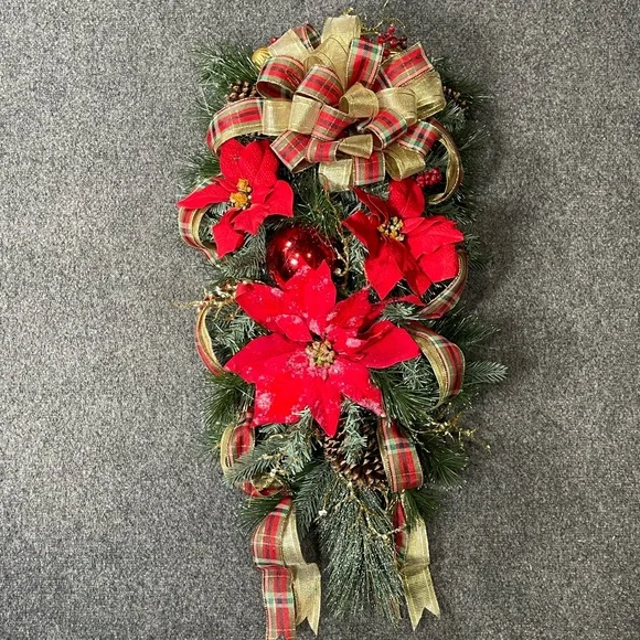 **Red Poinsettia Christmas Teardrop Swag Wreath Front door