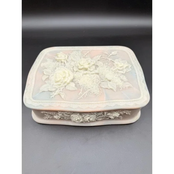 Vintage INCOLAY Pink Stone Flower Bouquet Jewelry Trinket Box