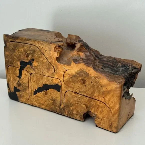 VTG Handcrafted Natural Burl Wood Jewelry Box Multi-Drawer Rustic Artisan Box