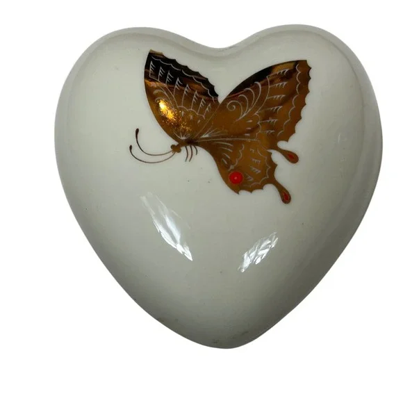 Tarakashi San Francisco Heart Trinket Box‎ Butterflies Gold Decorated Ceramic