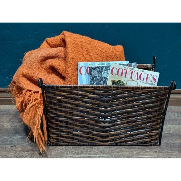 Pier 1 Jasmine Magazine Rack Woven With Scrolled Metal Detail NWT