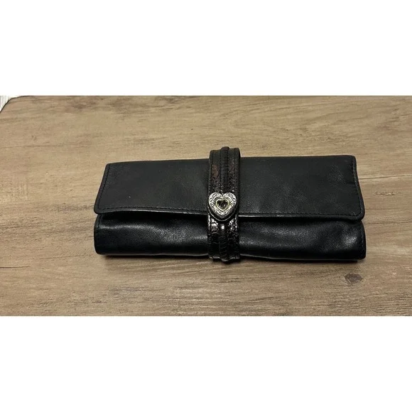 Brighton Black Leather Jewelry Organizer Roll Travel Heart‎ Charm Snap Closure