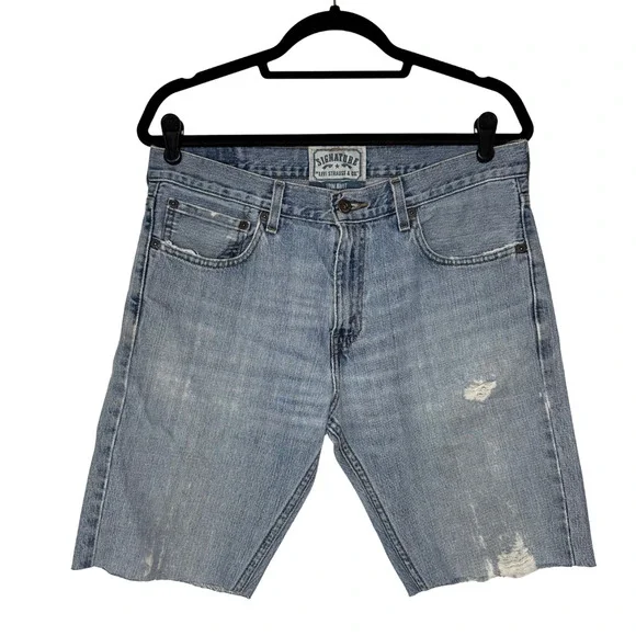 Levi Strauss Signature Shorts Men 32 Blue Faded Low Boot Distressed Denim Cutoff