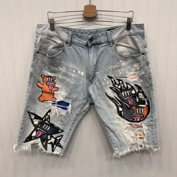 Smoke Rise Men's W38 Blue Distressed Ripped Skate Hip Hop 90's Y2K Jean Shorts
