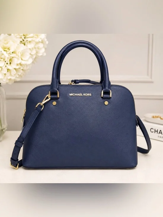 Michael Kors Navy Dome Satchel with Gold Hardware