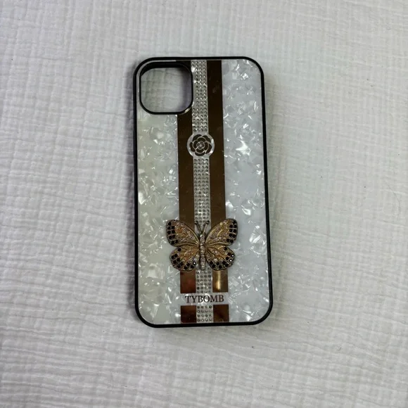 iPhone 15 Plus Elegant Butterfly Phone Case - Brown and Gold