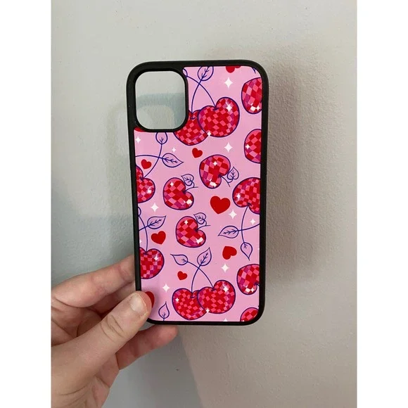 iPhone 11 Phone Case Pink Disco Ball Cherry Heart Pattern Black Bumper Grip