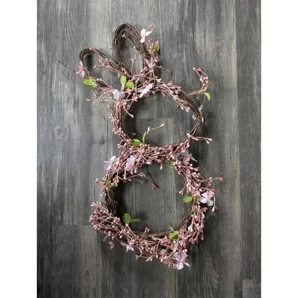 Pink Floral Spring Easter Bunny Shaped Holiday Grapevine Wreath Door Decor 22