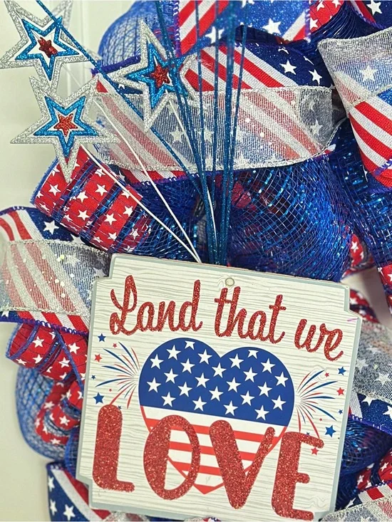 Patriotic Stars & Stripes Deco Mesh Wreath | 26” July 4th Door Decor USA Sign