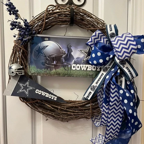 Cowboys Themed Holiday Wreath with Blue and Silver Accents