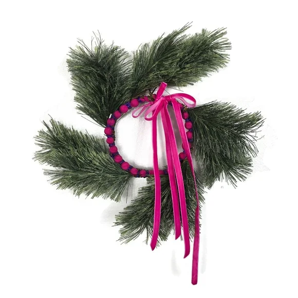 Handmade Modern Holiday Wreath Pink Velvet Ribbon Silk Wrapped Beads Pine Decor
